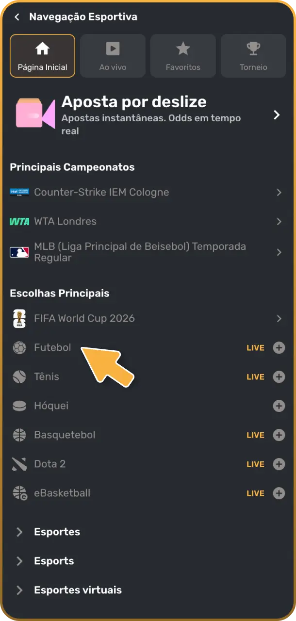 Navegue pelas modalidades disponíveis e escolha uma disciplina de jogo no app do Play Fortuna.
