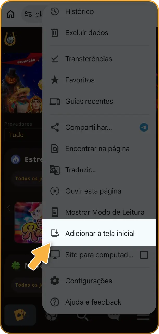 Selecione a opção para adicionar o atalho de tela exclusivo para o app do Play Fortuna.