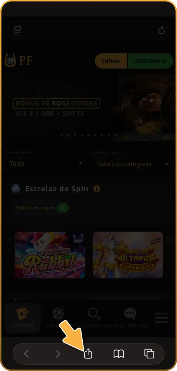 Pressione as opções do menu e toque em compartilhar tecla de controle no app do Play Fortuna.