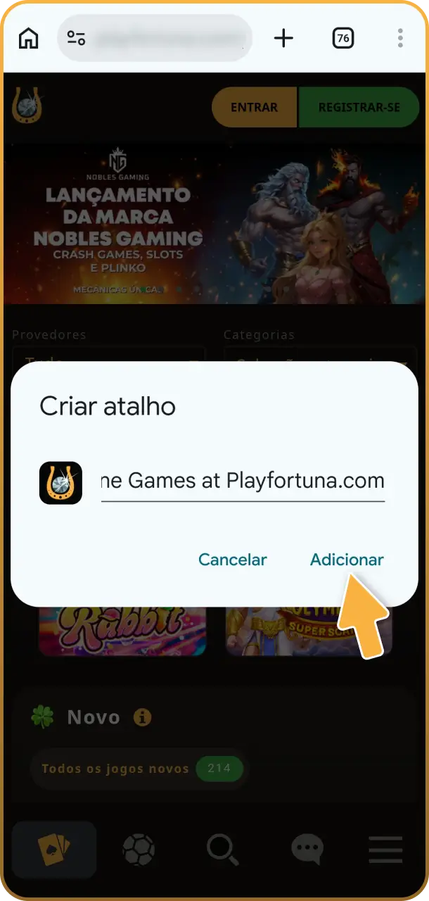 Conclua a instalação rápida e confirme a criação do ícone oficial do app do Play Fortuna.