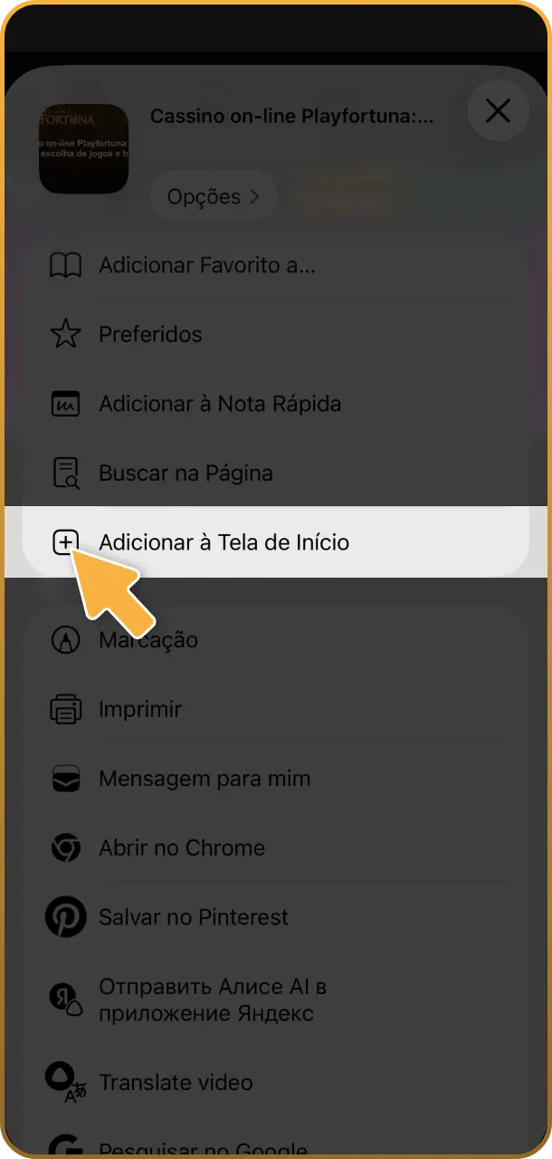 Ajuste as definições do seu iPhone e selecione a linha da tela inicial do app do Play Fortuna.