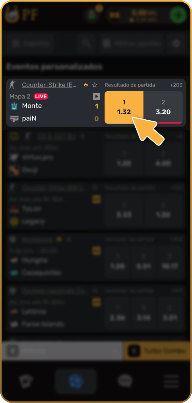 Analise os mercados disponíveis e clique nas odds desejadas no site do Play Fortuna.