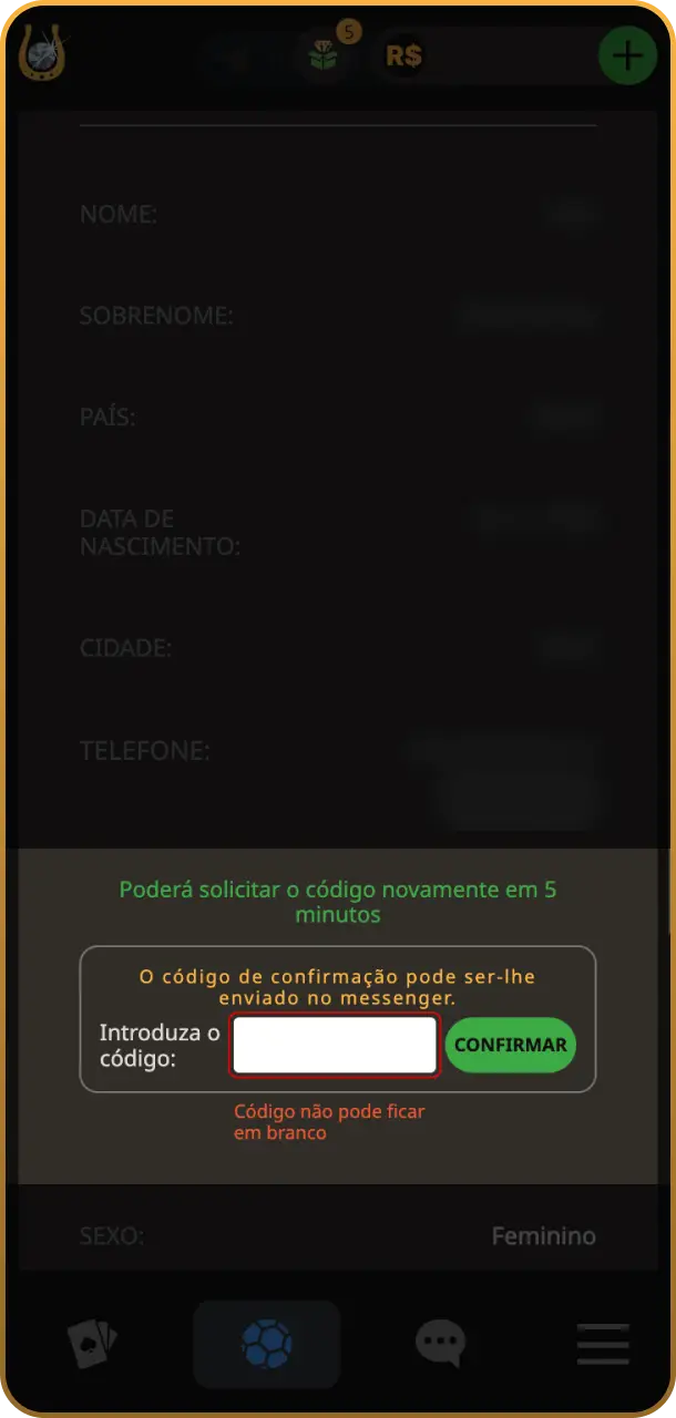 Confirme o código de segurança para verificar o seu número de celular no Play Fortuna.