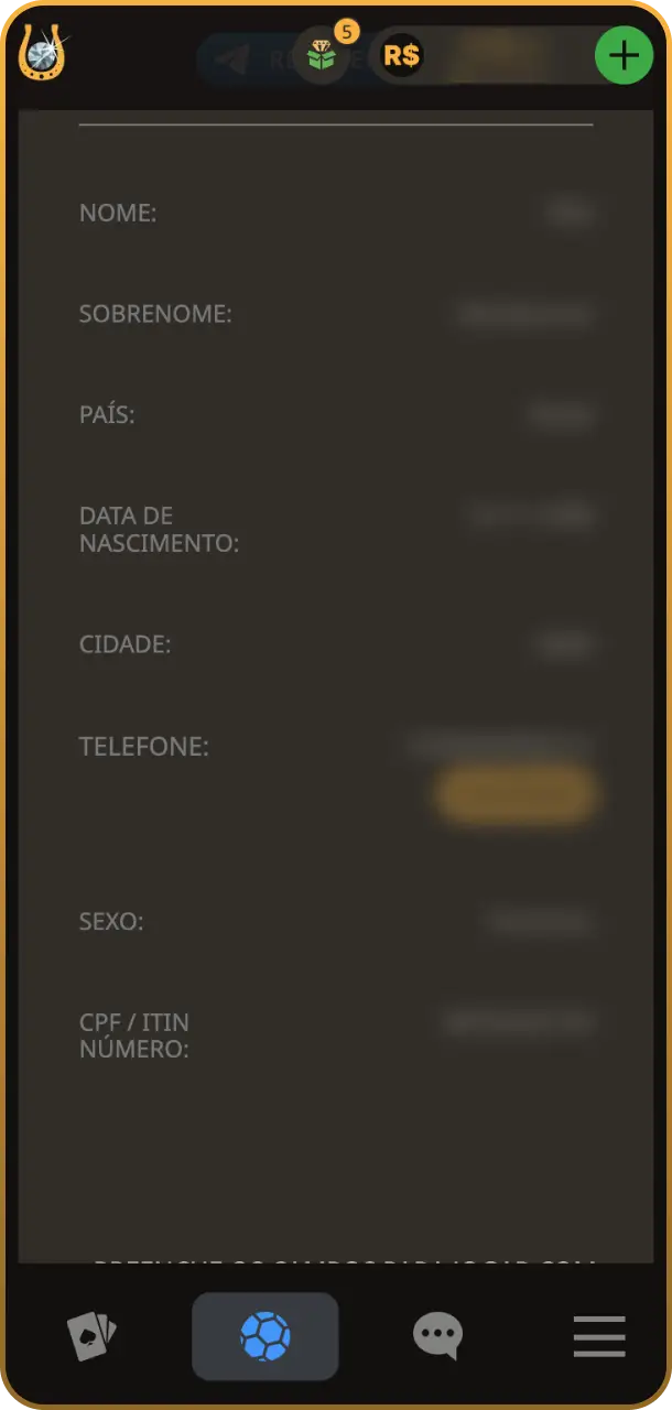 Adicione todas as informações necessárias para completar o seu perfil na plataforma do Play Fortuna.