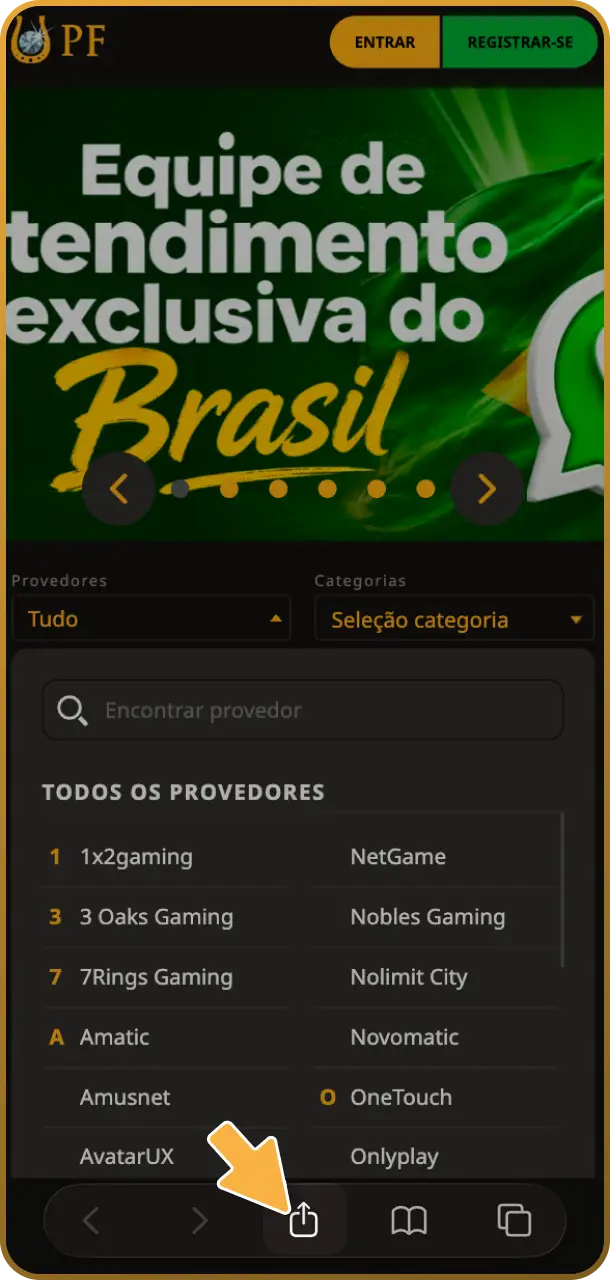 Pressione as opções do menu e toque em compartilhar tecla de controle no app do Play Fortuna.