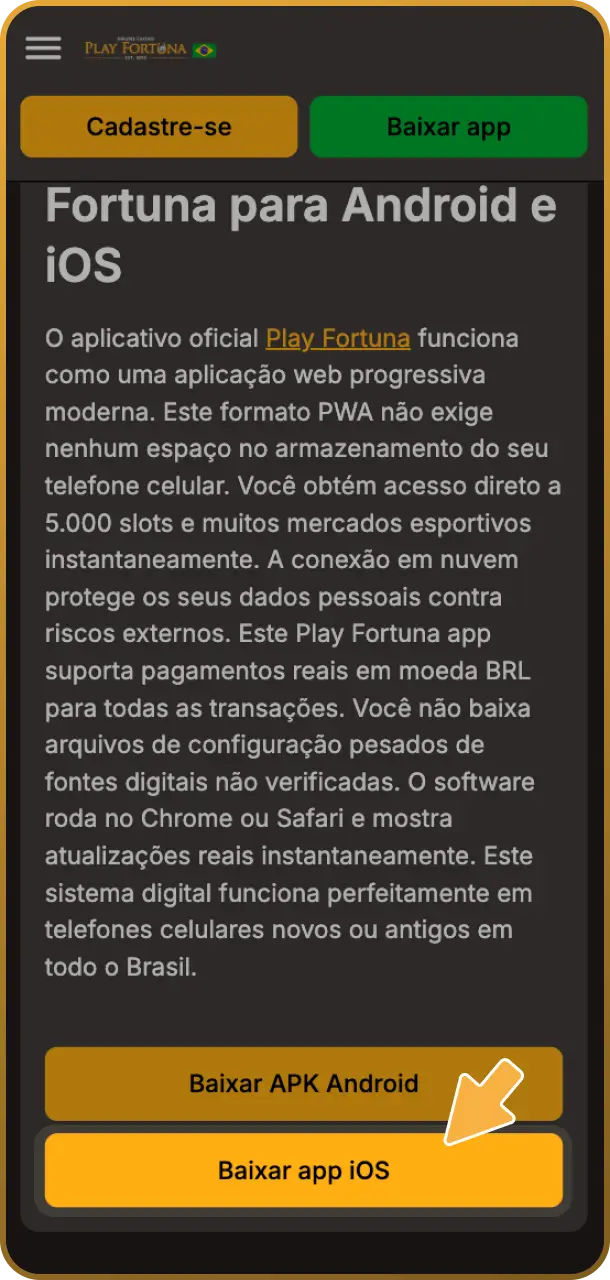 Acesse o navegador e abra o aplicativo Safari móvel para configurar o app do Play Fortuna.