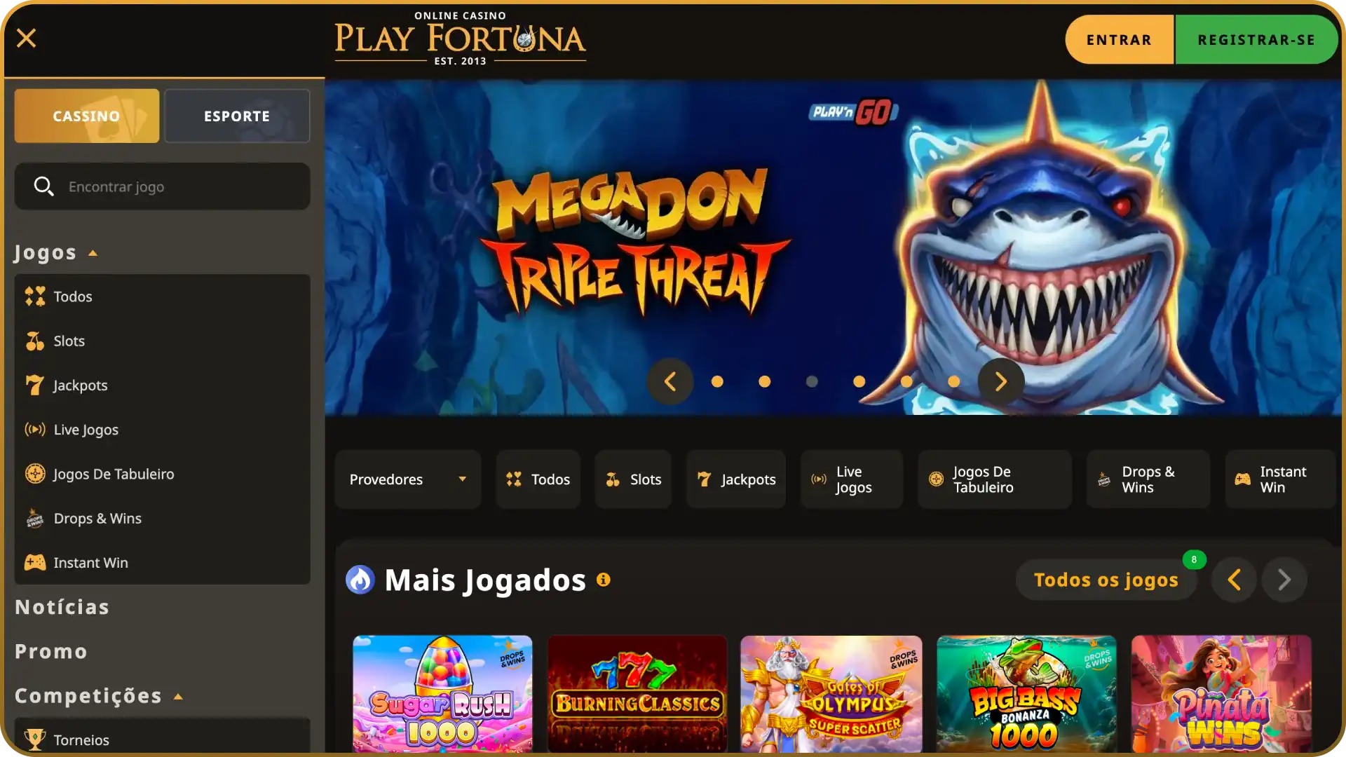 Retorne à tela inicial navegando pela página main da Play Fortuna.